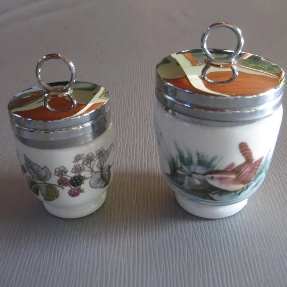 Set of 2 Royal Worcester Egg Coddlers - Woodland Birds Wren & Finch SM Berries